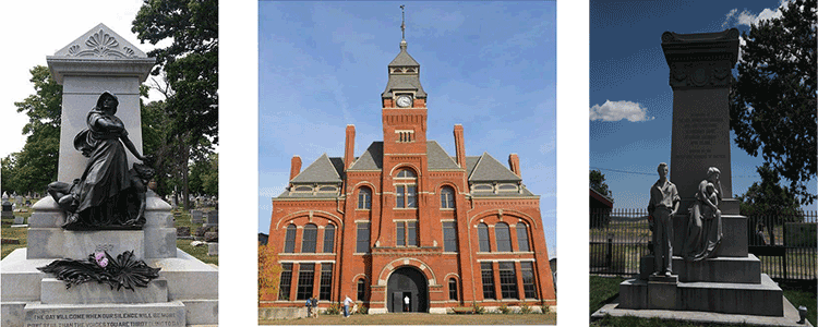 Photos l-r: Haymarket Martyrs Memorial (photo credit: Steelhoof); Pullman National Monument Site; Ludlow Monument (photo credit: DASonnenfeld)